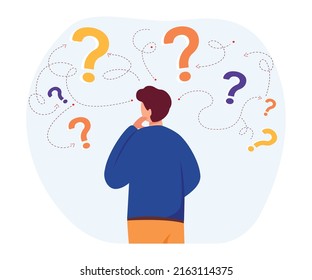 Back view of pensive man standing and making business decision  . Cartoon character thinking about options and questions marks around him.  Vector illustration.