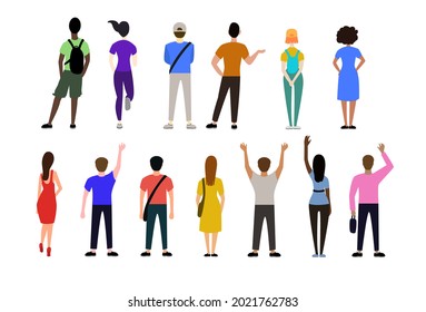 Back View Of People In Casual Clothes Vector Illustrations Set. Men And Women Standing, Waving, Watching Concert Or Show From Behind Isolated On White Background. Communication, Audience Concept