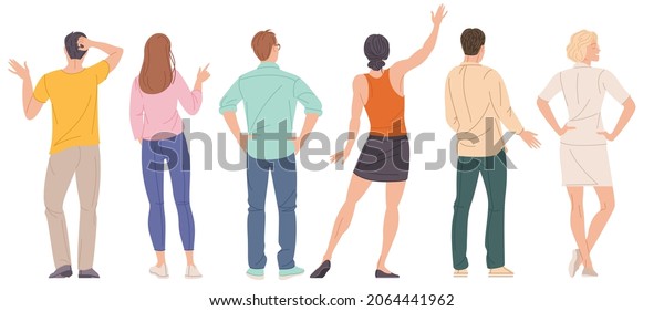 Back view people character set. Man and\
woman view from back set isolated on white background. Vector\
people standing character\
illustration