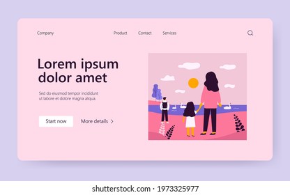 Back view of people looking at lake. Swan, nature, sun flat vector illustration. Holiday and landscape concept for banner, website design or landing web page