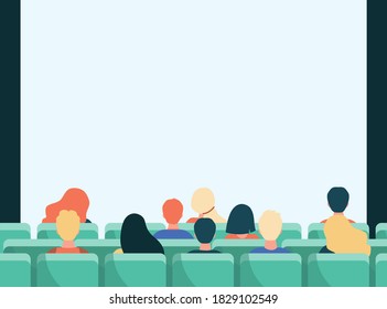 Back view of people in movie theater flat vector illustration. Cartoon crowd sitting in rows and waiting for premiere in cinema. Entertainment and performance concept