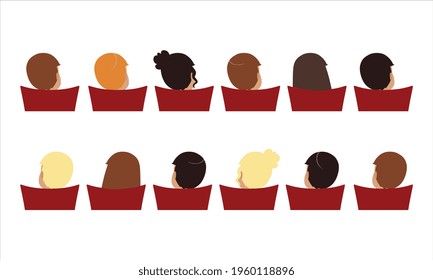 Back View of People Sitting in Red Chairs at Cinema Hall or Concert and Looking at Stage Cartoon Vector Illustration