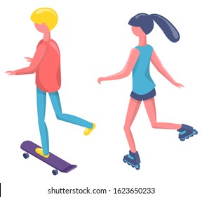Back view of people skating and rolling, skateboarder and roller, man and woman standing on wheels, human character in sportswear, activity vector