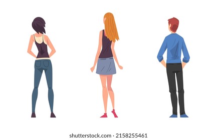 Back view of people. Slim girls in fashionable outfit and young man in casual clothes cartoon vector illustration