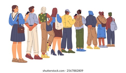 Back view of people standing in line. Vector in flat style, isolated characters patiently waiting in line. Men and women in crowd in row, queue of personages talking and chatting on phones