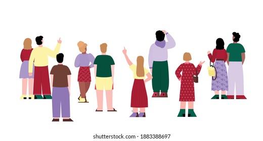 Back view of people standing pair and alone. Crowd of men, women standing in different poses rear view. Characters in casual clothes behind, with backs turned. Vector illustration.