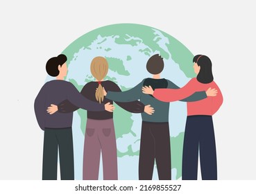 Back view of people staying together embracing each other, friendship concept, teamwork and support concept, flat vector illustration.