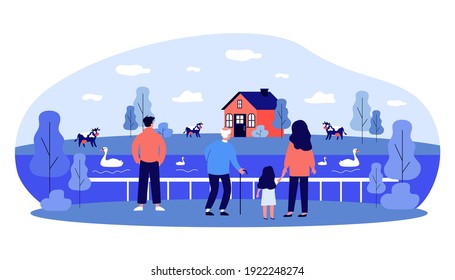 Back view of people watching on cow farm. Lake, cattle, swan flat vector illustration. Countryside and nature concept for banner, website design or landing web page