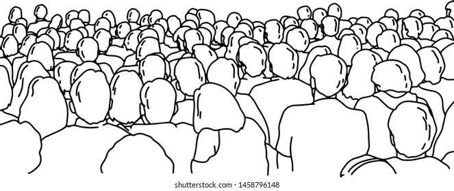 Back view of people watching a performance vector illustration sketch doodle hand drawn with black lines isolated on white background