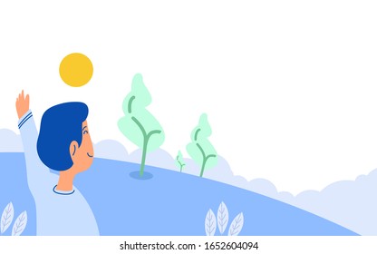 Rückansicht von Menschen, die Hände auf eine blaue Landschaft. Für Zielseite, Einladung oder Website. Flaches Cartoon-Vektorillustration-Illustration.