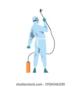 Back View of Person in Protective Antiviral Suit Spraying Disinfectant, Preventive Measures against Spread of Coronavirus Disease Cartoon Style Vector Illustration