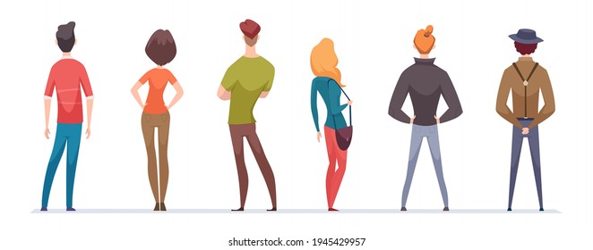 Back View Persons. Male And Female Standing Characters In Casual And Business Style Clothes Head Torso Legs And Arms Rear View Exact Vector Flat People