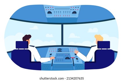 Back View Of Pilot And Copilot Inside Cockpit During Flight. Cabin Crew Flying Airplane Using Control Panel Flat Vector Illustration. Aviation, Transportation Concept For Banner Or Landing Web Page