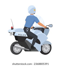 Back view of policeman riding motorcycle. Patrol police officer on motorbike cartoon vector illustration