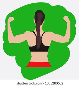 Back view portrait of a young strong women doing bicep curl. workout girl. vector illustration. strong girl. girl's power.