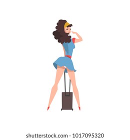 Back view of posing girl in short blue dress with suitcase on wheels. Glamour woman with perfect slim body and curly hair. Cartoon pin-up model. Flat vector design