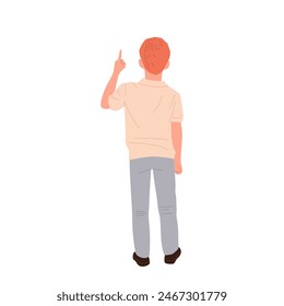 Back view of preteen boy isolated cartoon character pointing finger up indicating something