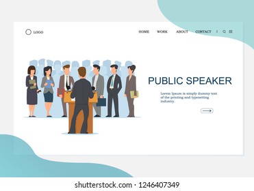 Back View of Public Speaker at Grandstand. Orator Speaking from Tribune.  Crowd Silhouette Background. Vector illustration in trendy flat style can be used in the head of the web site, banner