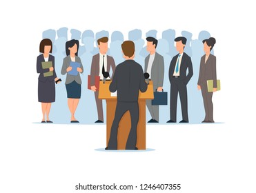 Back View Of Public Speaker At Grandstand. Orator Speaking From Tribune. People In Strict Suit Listening. Crowd Silhouette Background. Cartoon Vector Illustration