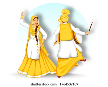 Back View of Punjabi Man Playing Dhol (Drum) and Woman Performing Bhangra Dance on White Background.