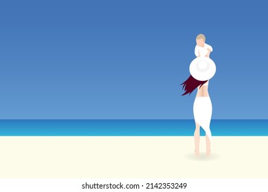 Back view of relax standing mother holding adorable baby in outstretched hands on beach background illustration vector.