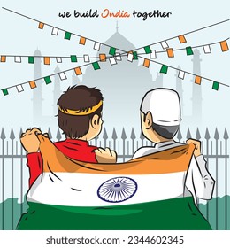 Back View Of Religious Kids Indian Flag On Shoulder in Front of Taj mahal Concept Of Freedom Friendship Unity In Diversity Nationalism And Patriotism