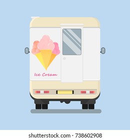 Back View Of Retro Ice Cream Van.Truck Isolated On Blue Background.Vintage Flat Bus.Old Vehicle