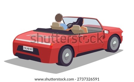 Back view of a romantic couple in a red convertible car. Driving on a road trip flat vector illustration. Isolated white background. Car has the word Love on the trunk lid and Travel on license plate.