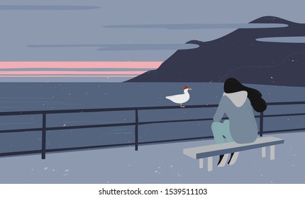 Back view of sad teenager girl sitting on the pier and looking at horizon in a bad weather day. Concept of loneliness. Flat vector illustration.