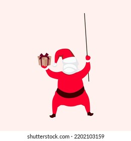 Back View Of Santa Claus Holding Gift Box With Stick On Pink Background.