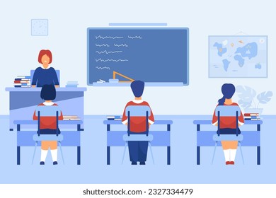 Back view of schoolchildren studying in classroom with teacher. Class or lesson in room with chalkboard, desks and textbooks vector illustration. Education, knowledge, childhood concept