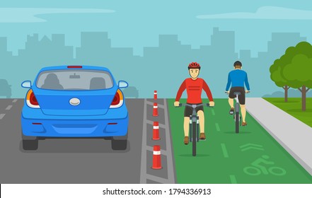 Vista posterior del auto sedán y los ciclistas en el carril bici. Ruta de la ciudad con carril de bicicletas dedicado. Plantilla de ilustración vectorial plana.