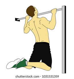 Back view of shirtless muscular man doing pull ups on horizontal bar exercise while working out isolated on white. Colored vector illustration.