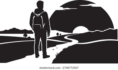 Back view silhouette of a traveler with backpack walking on path towards sunset landscape, conceptual journey and exploration vector illustration.
