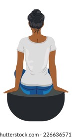 Vista posterior de una mujer sentada de piel oscura en jeans casuales y ilustración de camisetas grises.
