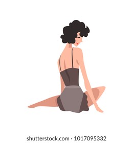 Back view of sitting fashion model in black vintage lingerie. Sexy woman in retro pin-up underwear. Cartoon sensual girl with black curly hair. Flat vector design