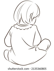 Back view of a sitting girl, line drawing illustration