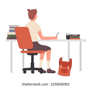 Back view of sitting nerd girl at school table. Studying and learning geek student vector illustration