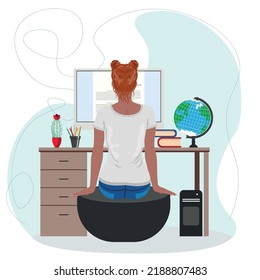 Back view of sitting woman in casual jeans and gray t shirt reading on computer screen illustration.

