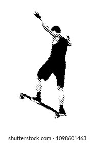 Back view of skater on skateboard in halftone dotted abstract style. Man skating silhouette isolated on white background. Black and white vector illustration