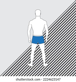 Vista posterior de un hombre delgado con baúles azules de natación. Carácter permanente contra fondo rayado blanco y negro. Género masculino. Figura del cuerpo humano. Silueta blanca con contorno negro. Persona desconocida.