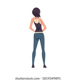 Back View of Slim Brunette Girl, Young Woman Viewed from Behind Wearing Tank Top and Jeans and Looking at Something Cartoon Style Vector Illustration