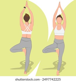 Back view of slim woman practicing yoga and enjoying workout vector