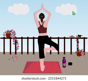 Back view of slim woman practicing yoga and enjoying workout vector.