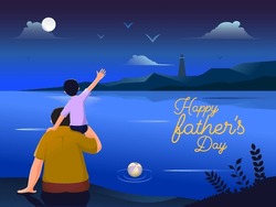 Back View Son Sitting On His Father Shoulder In Front Of Beautiful Beach Scene At Moon Night, Happy Father's Day Concept.