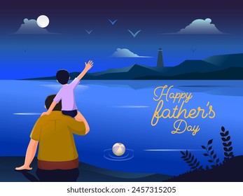 Back View Son Sitting on His Father Shoulder in Front of Beautiful Beach Scene at Moon Night, Happy Father's Day Concept.