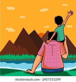 Back View Son Sitting on His Father Shoulder in Front of Beautiful Sunrise or Sunset Mountain Landscape Scene, Happy Father's Day Concept.
