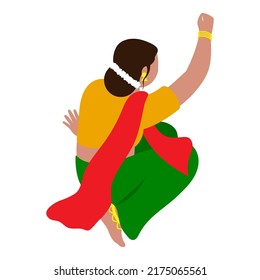 Back View Of South Indian Woman Sitting On White Background.