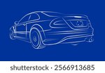 Back view of sport car, white outlines on blue background