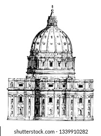 Back View of St. Peters Rome facade and lengthened nave dome vintage line drawing or engraving illustration.